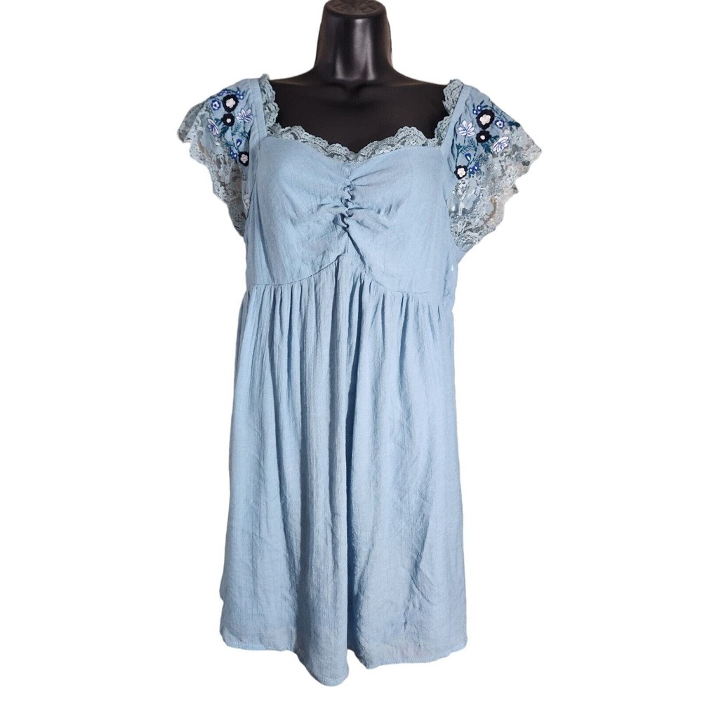 FSL + Apparel Blue Lace Embroidered Cap Sleeve Boho Dress Flowers‎ Size Large